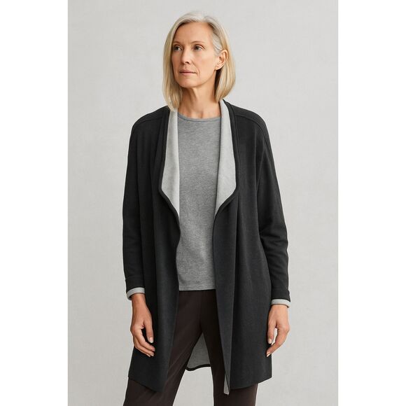 Eileen Fisher Black Gray Long Duster Open Front Wool Cardigan  Women's Size XL - Picture 1 of 12